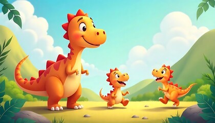 illustration of a friendly dinosaur standing in a lively prehistoric landscape with her two dinosaur children, Cartoon dinosaur characters, created with generative ai