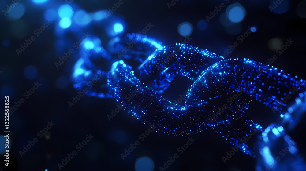 Poster interlinked digital chain: an abstract, futuristic chain, illuminated with radiant blue light, symbo