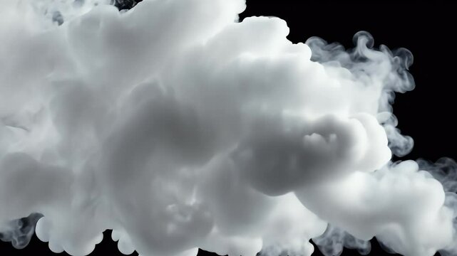 A dense and swirling cloud of white smoke, creating a dramatic contrast against a dark background, evoking a sense of mystery and intrigue.