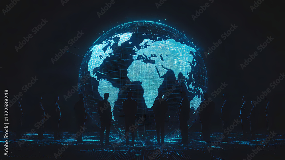 Aufkleber digital world visionaries: a group of figures gaze in awe at a mesmerizing digital globe, representi