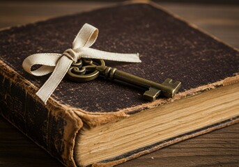 Key, ribbon, ribbon key, old book,, book, Vintage key with a heart-shaped bow placed on an old book