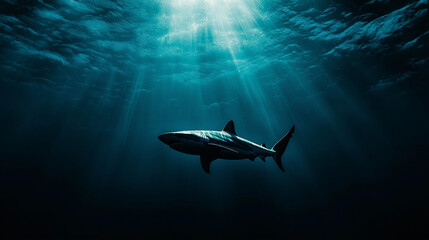 Fototapeta premium Schwertfisch schwimmt majestätisch durch blaues Wasser in tiefer See