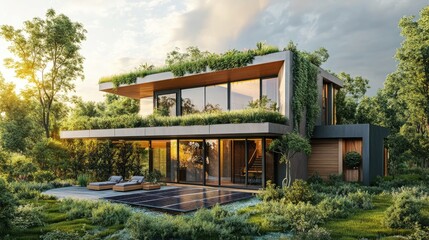Fototapeta premium Eco-Friendly Modern House Design, Sustainable Living in Harmony with Nature