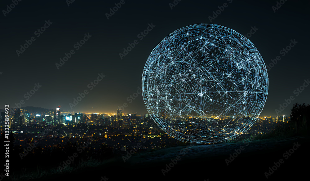 Poster Global Connection and Innovation: A breathtaking vista of a cityscape illuminated by a glowing sphere representing global networks and digital innovation.