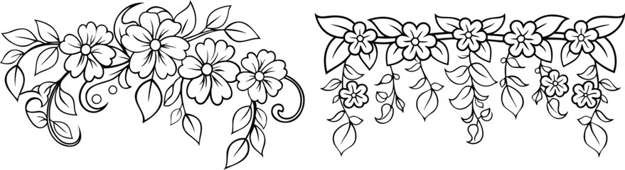 set of Elegant Cascading Floral Arrangements Line Art Vector Design
