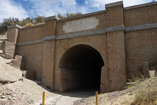 Structure with the entrance door to the tunnel through which an old train ran in the city of Gaiman in Argentina