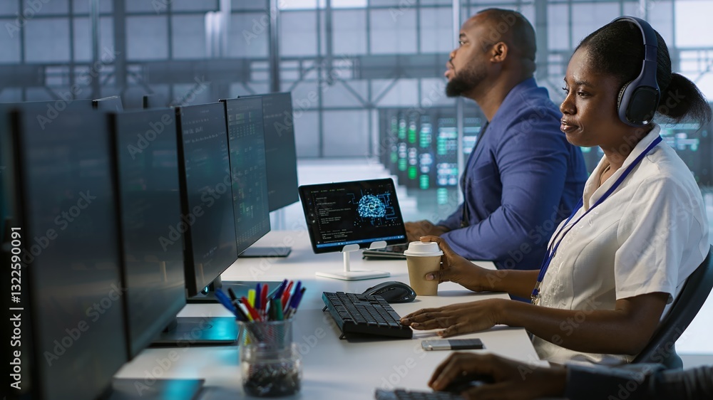 Poster admin in data center drinking coffee and implementing ai predictive maintenance systems. server hub 