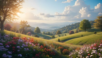 A Sun-drenched Valley Awash In Vibrant Wildflowers At Golden Hour, Showcasing A Tranquil Pastoral Scene With Rolling Hills Under A Fluffy Sky