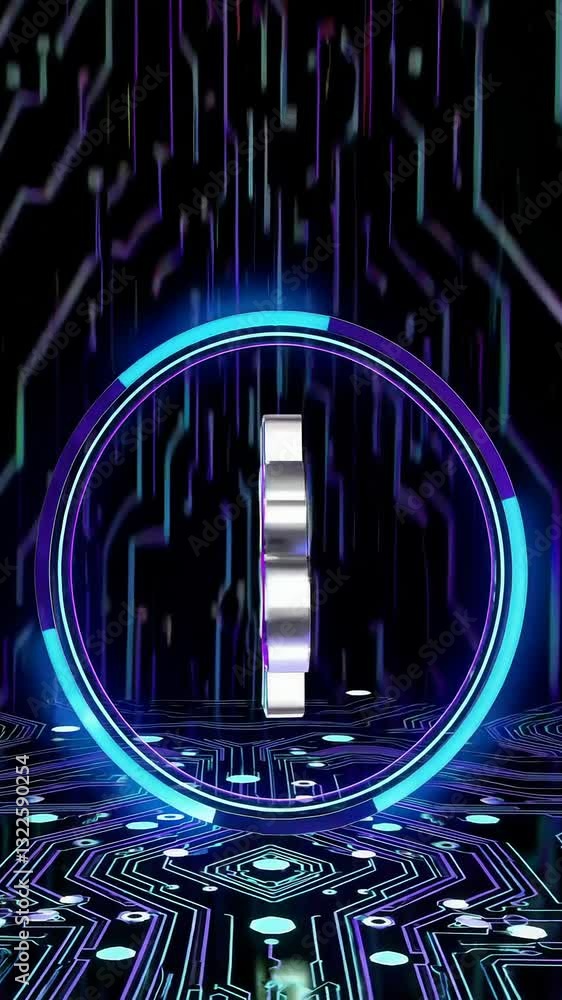 Poster glowing bitcoin transformation over digital circuit board background