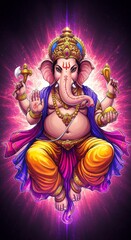 Ganesh, the god of wisdom and obstacle remover, with his elephant-headed form wielding immense power to cleanse life's challenges.