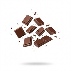 Delicious chocolate pieces falling, isolated white background.