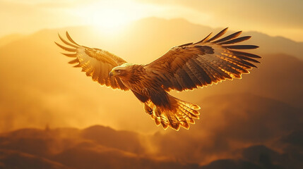 Fototapeta premium Golden Eagle Soaring Above Mountain Sunrise