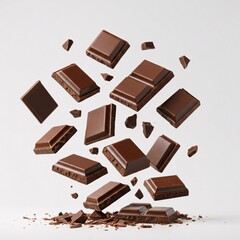 Delicious dark chocolate pieces falling: sweet temptation isolated
