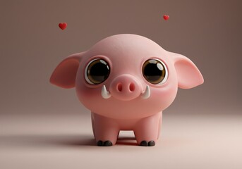 A cheerful pig character with heart eyes and floating hearts above its head in an animated scene.