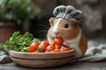 An adorable guinea pig wearing a small striped chef's hat. She holds a small orange tomato in her paws and seems to be tasting it 