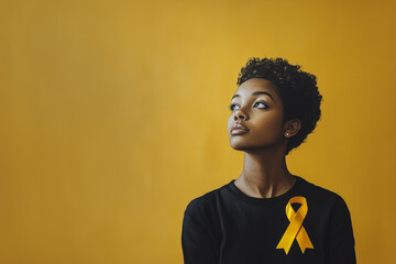 Contemplative Young Black Woman with yellow Awareness Ribbon Against Mustard Background