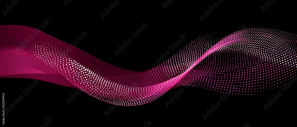 Poster abstract magenta flowing ribbon with particle effect on a black canvas