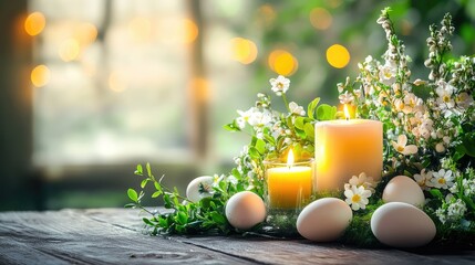 Spring-themed Easter festival concept, featuring fresh greenery, eggs, and candles, bright and fresh with copy space.