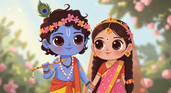 A whimsical digital art piece depicting childhood-friendly Lord Krishna and Goddess Radha in a colorful, flower-filled garden setting, ideal for children's entertainment or education.