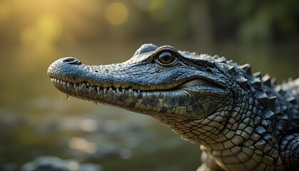 Obraz premium A Young Crocodile Basks In The Golden Sunlight, Its Textured Skin Gleaming, A Captivating Portrait Of Wildlife In Its Natural Habitat