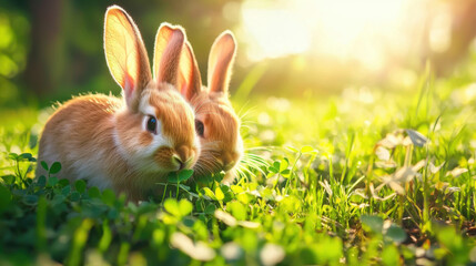 Fototapeta premium Relaxing rabbits nibbling on clover in peaceful meadow at sunset