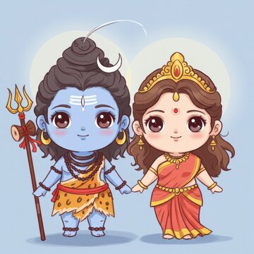 Lord Shiva and Goddess Parvati in adorable, cartoon-like form holding hands, embodying divine love.