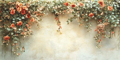 A beautiful floral arrangement with roses and greenery on a wall