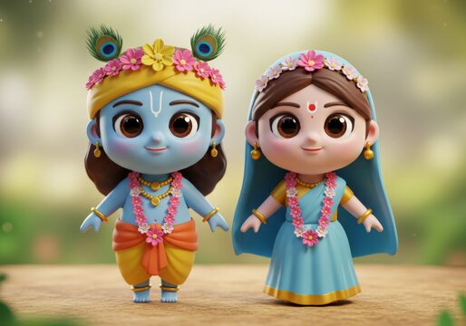 Lord Krishna and Radha playfully dressed as whimsical toys in this charming scene.
