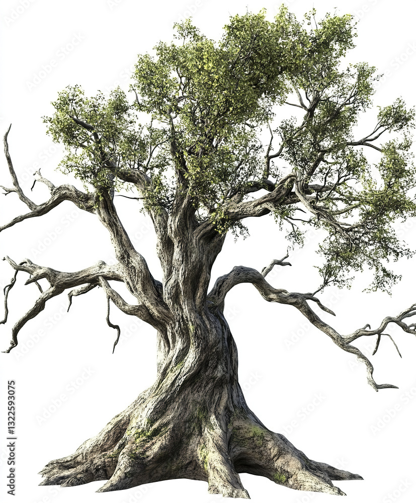 Poster ancient tree with twisted branches and lush foliage on white background