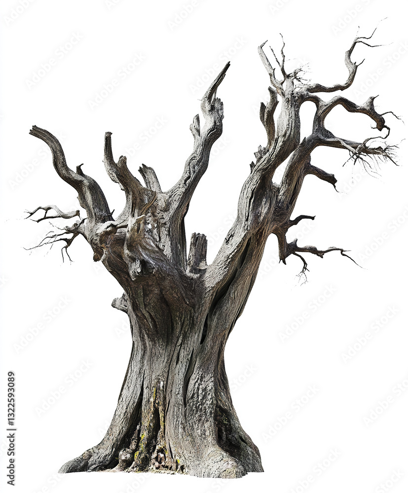 Poster ancient tree with twisted branches on white background
