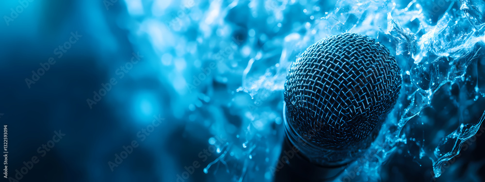 Poster melody in the depths: a striking studio microphone is artfully enveloped in a mesmerizing, water-lik