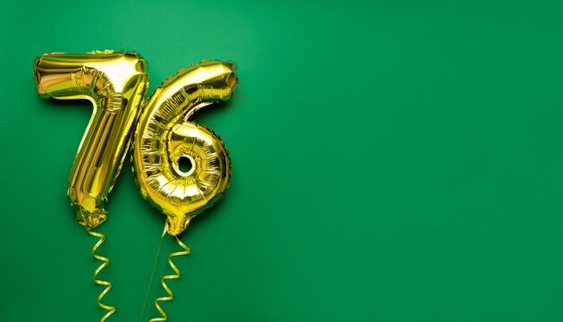 Banner with number 76 balloons on green background with copy space. Generated image