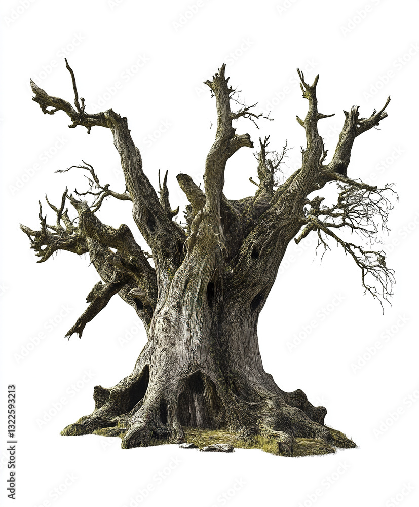 Aufkleber ancient tree with twisted branches and textured bark on white background
