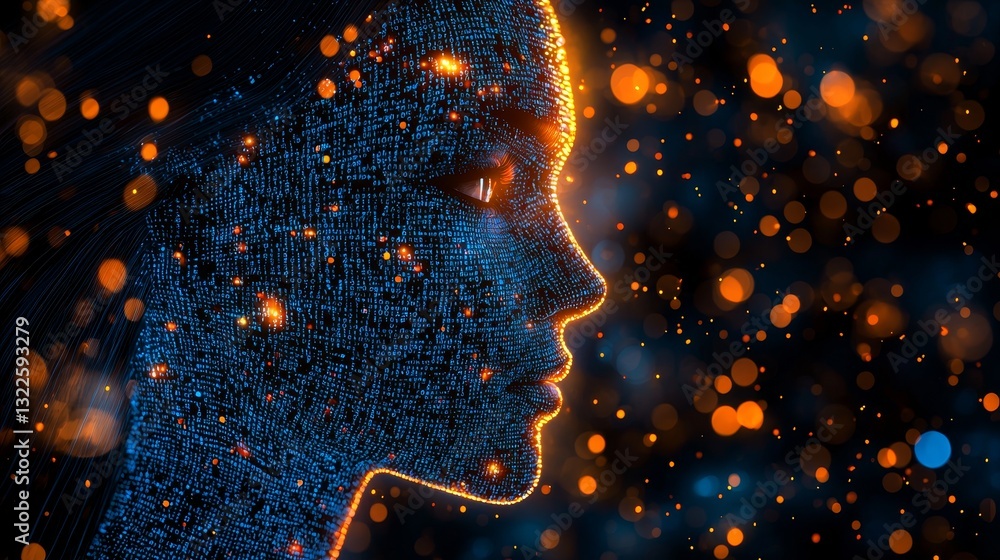 Poster a digital head of a human consisting of binary code and illuminated lights