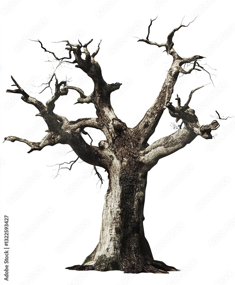 Poster ancient tree with twisted branches on white background