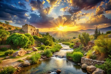 Fototapeta premium Jordan River Landscape: Double Exposure of Ancient Ruins and Lush Nature