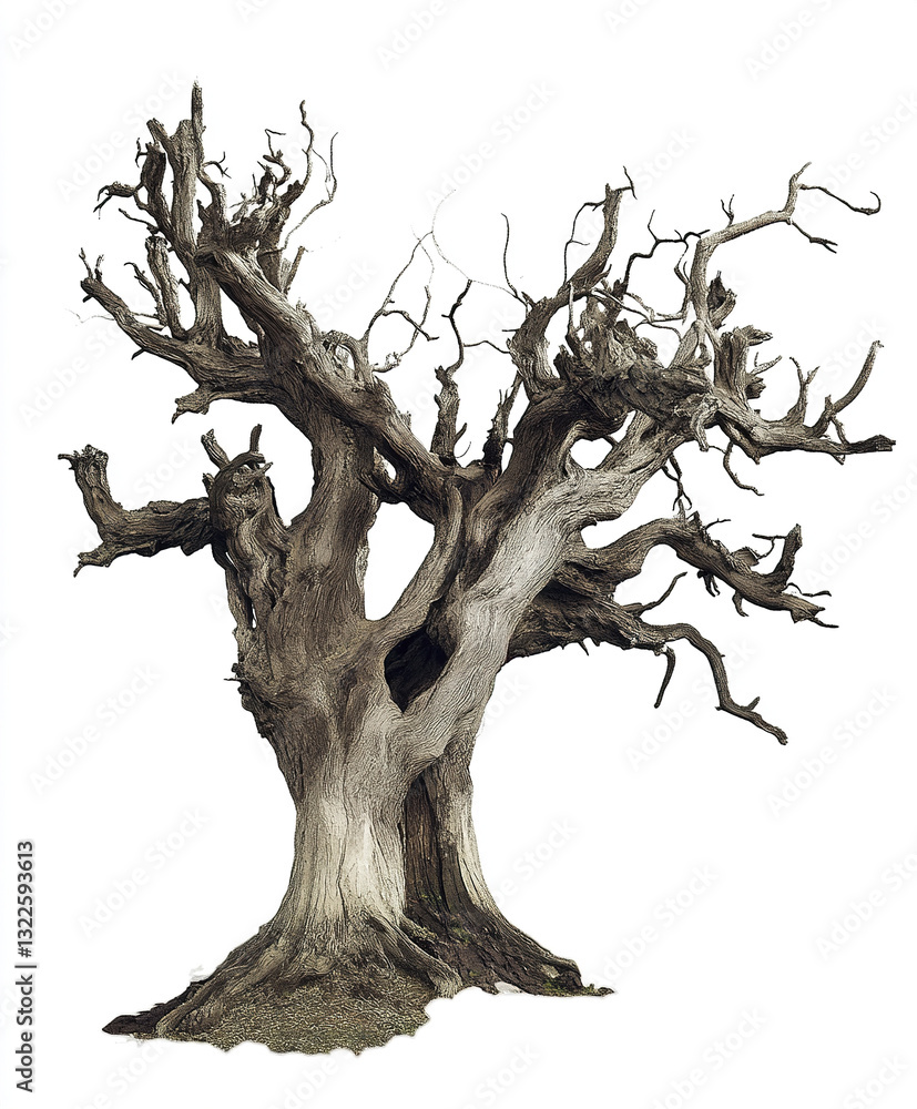Poster ancient tree with twisted branches on white background