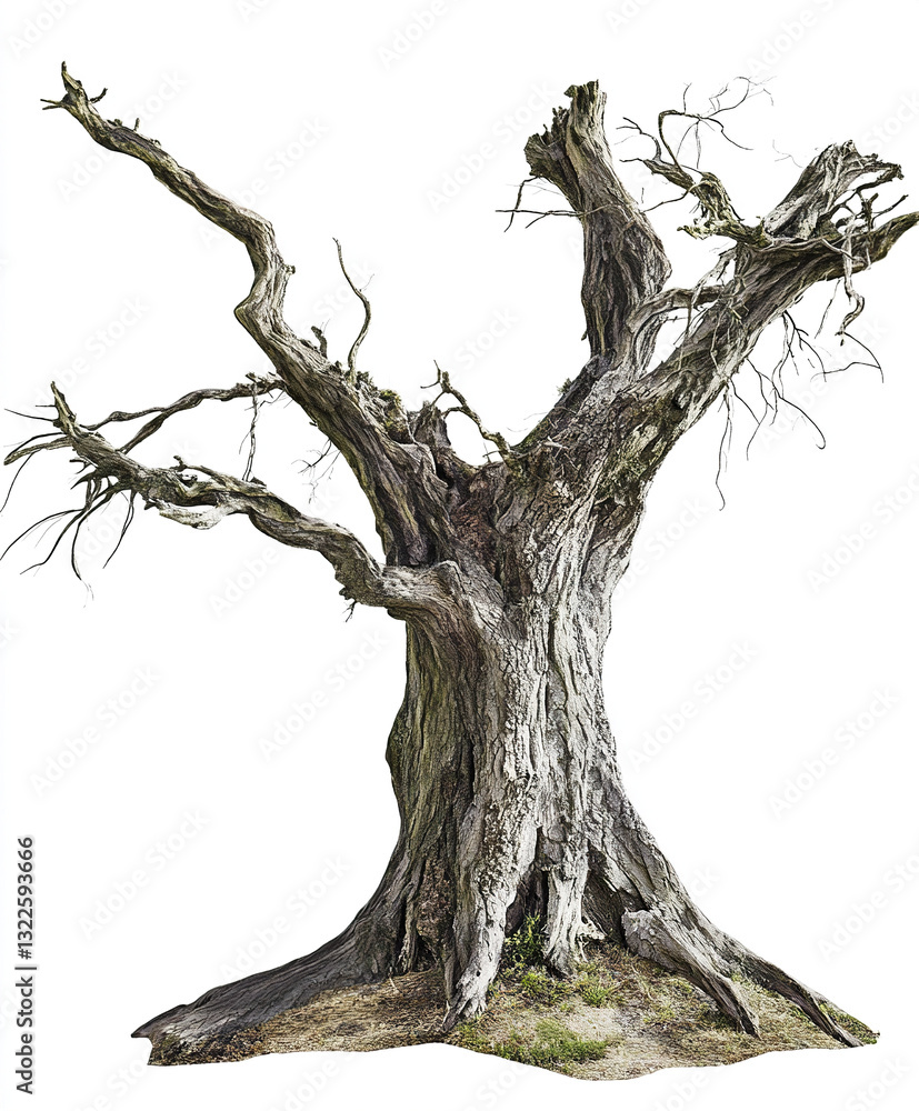 Poster ancient tree with twisted branches and textured bark on white background