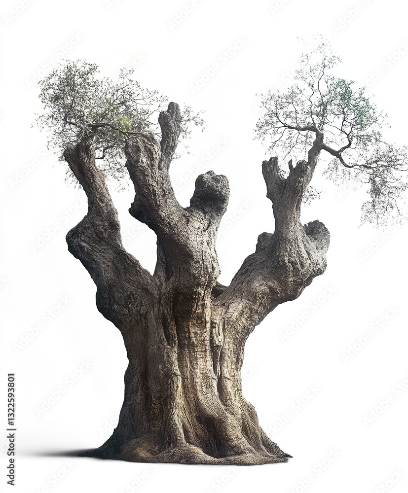 Poster ancient tree with twisted branches and sparse leaves on white background