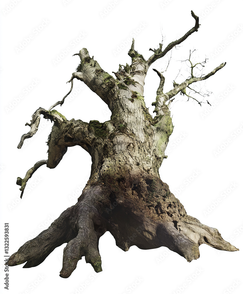 Poster ancient tree with twisted branches and roots on white background