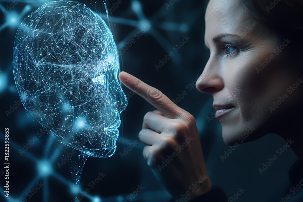 Poster digital touch: a woman interacts with a futuristic digital projection, exploring the intersection of