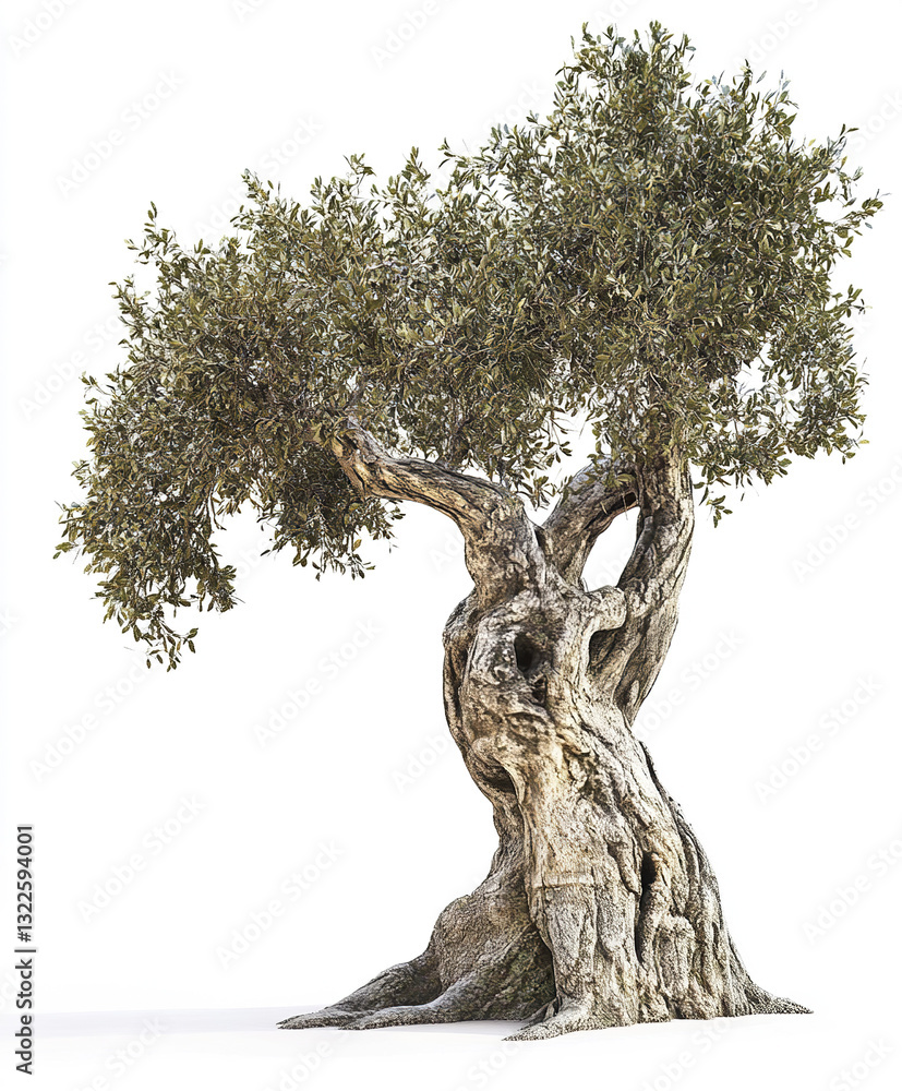 Poster ancient tree with twisted trunk and lush foliage on white background