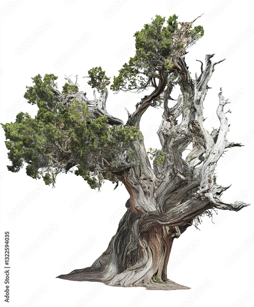 Poster ancient tree with twisted branches and textured bark on white background