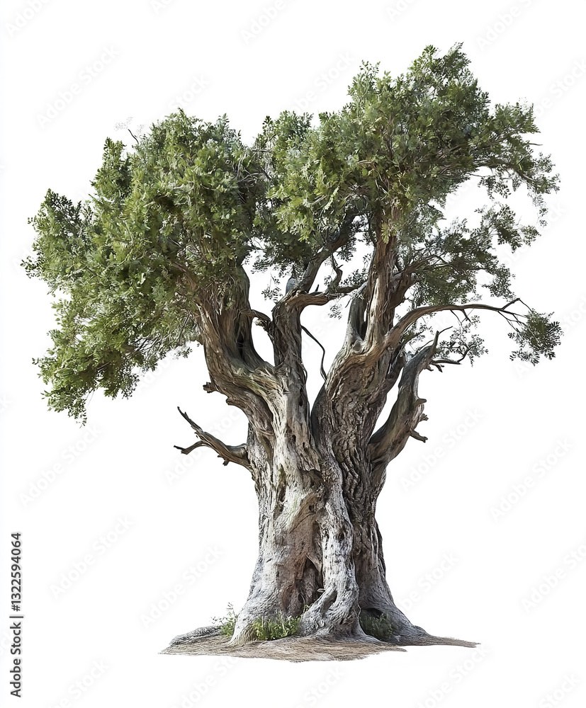 Poster ancient tree with twisted branches and lush foliage on white background