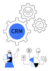 Gears labeled CRM, user data, and analytics, connected to finance icons including pie chart, Bitcoin, and property. Ideal for business management, data analysis, workflow technology finance