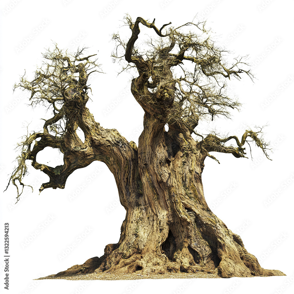 Poster ancient twisted tree with intricate branches on white background