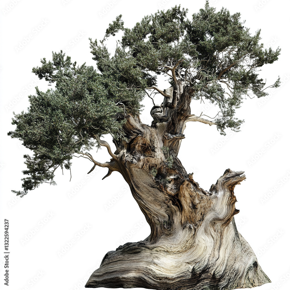 Poster ancient tree with twisted trunk and lush foliage on white background