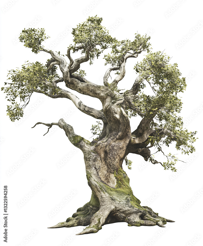 Poster ancient tree with twisted branches and lush foliage on white background