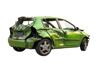 Abandoned Green Car with Severe Damage and Dents on Side View
