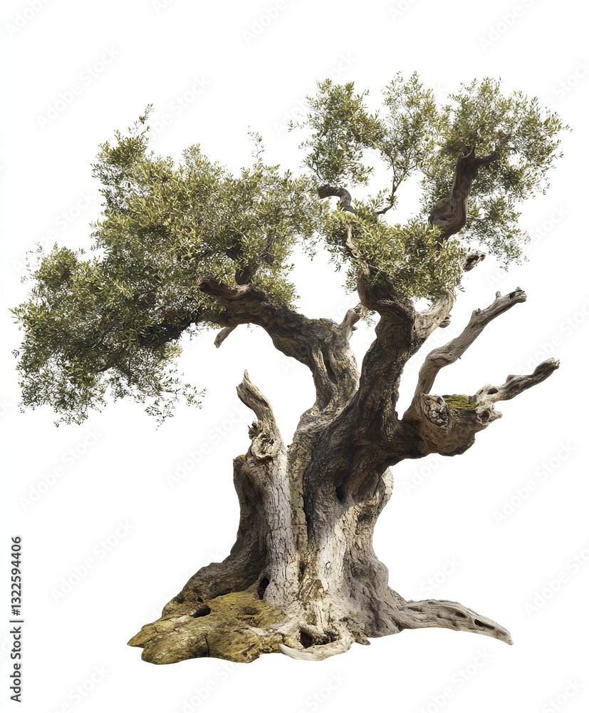 Aufkleber ancient tree with twisted branches and textured bark on white background